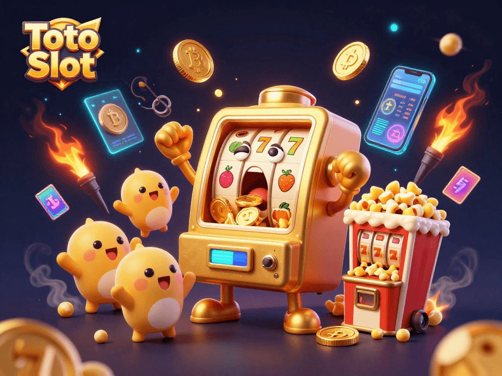 Engage with Toto Slot as a golden machine hits a jackpot, surrounded by crypto coins and dynamic gaming elements.
