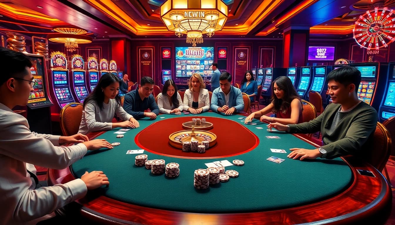 Experience the thrill of gaming at https://88okwin.com/ with a vibrant casino scene featuring poker and slot machines.