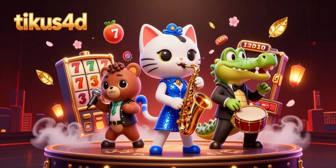Tikus4d casino illustration showcases a jazz-singer cat and friends amid dynamic slot machine elements, creating excitement.