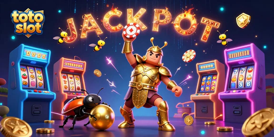 Experience thrilling wins with toto slot as a cartoon beetle triumphantly lifts a poker chip under a vibrant jackpot.