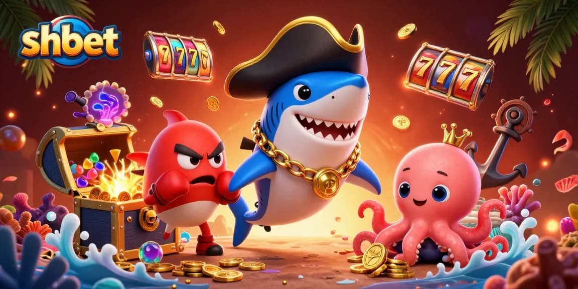 Engage with shbet's thrilling underwater casino adventure featuring a pirate shark, boxing pufferfish, and octopus holding gold coins.
