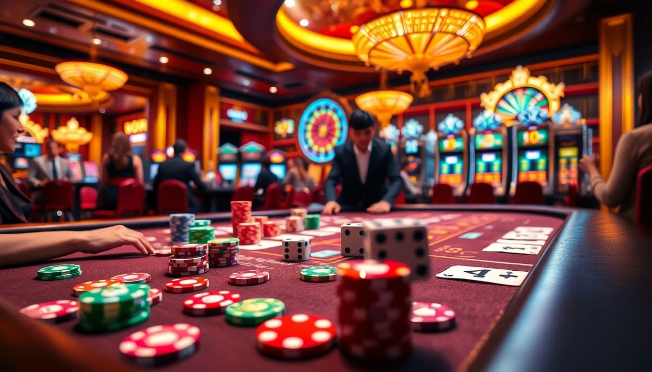Players enjoying a thrilling game at https://lc88x.com/ casino table with vibrant chips and cards.