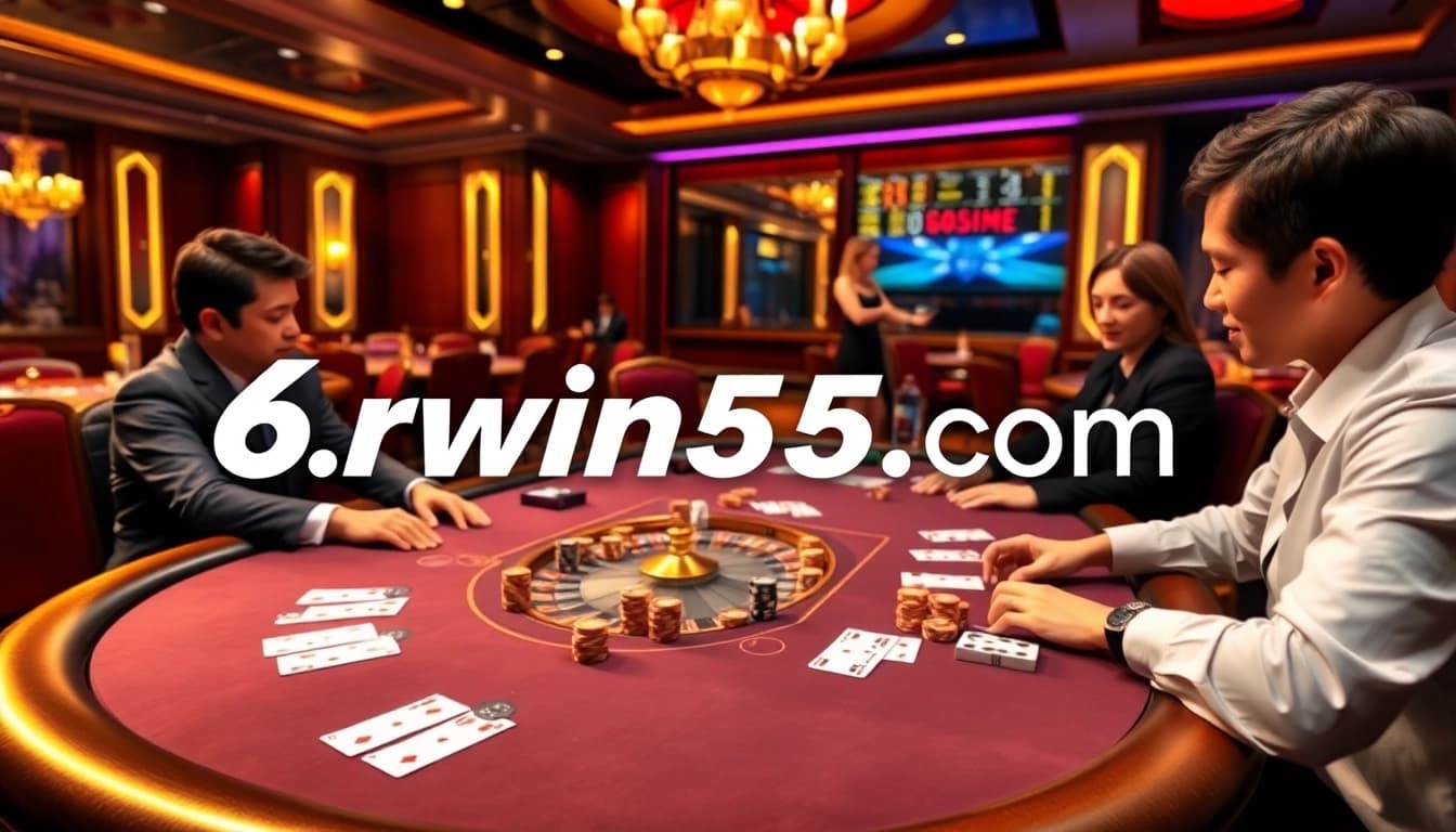 Experience thrilling poker action at 6rwin55.com with vibrant casino visuals and professional dealers.