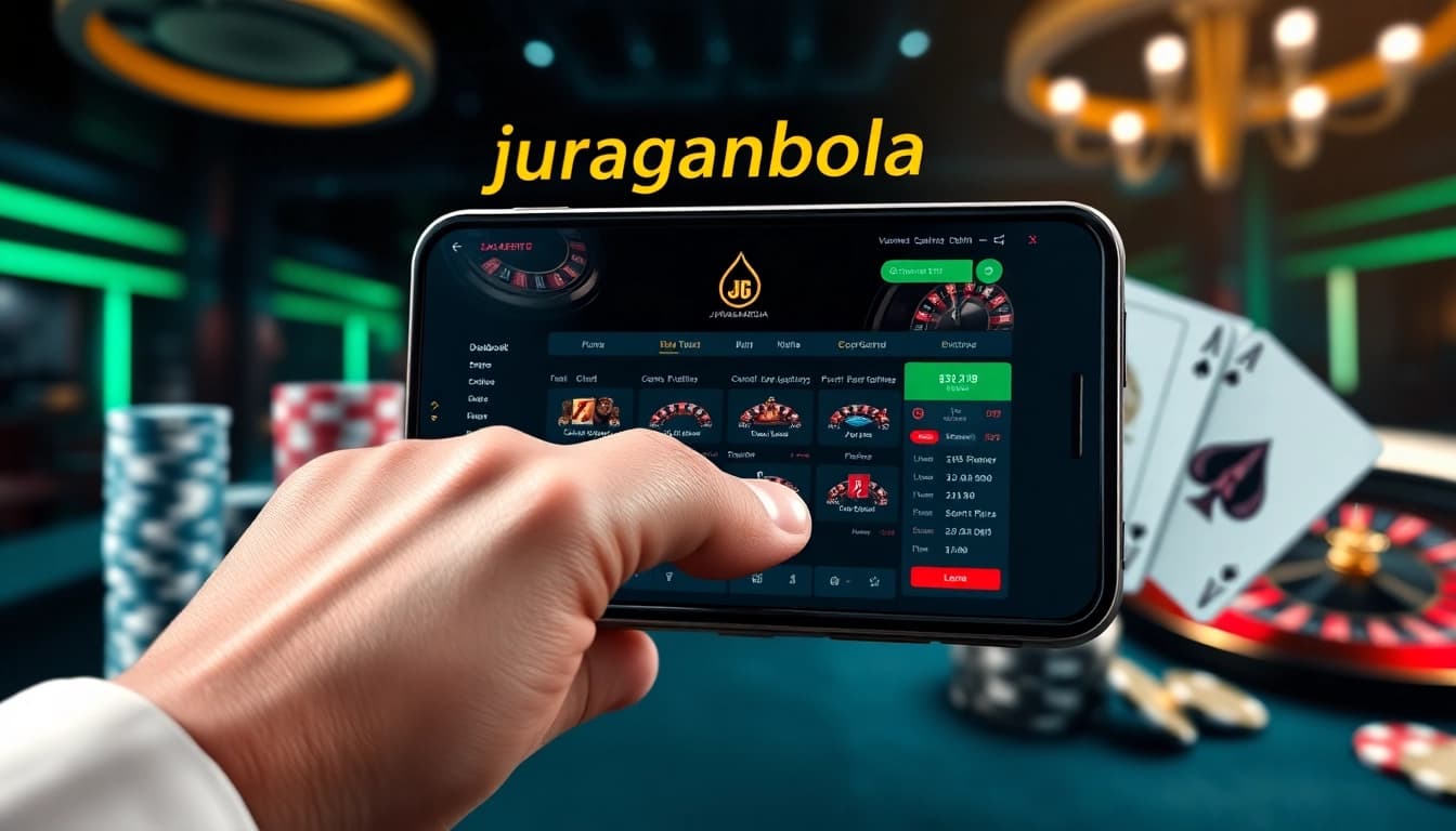juraganbola online sportsbook interface showcasing strategic betting with poker chips and roulette wheel