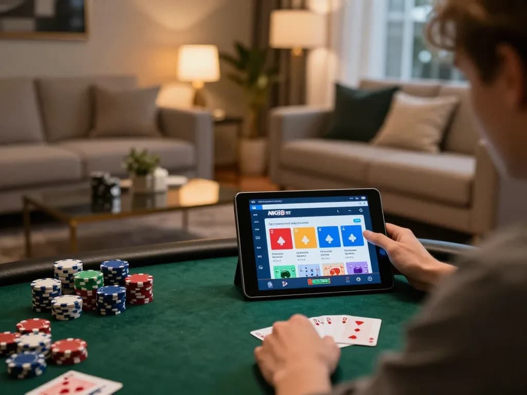 Engaging with NK88 BET while enjoying a cozy online poker session at home.