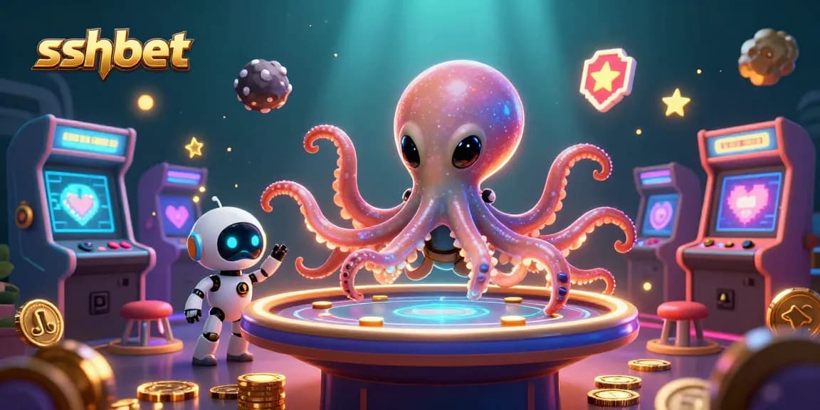 Engage in thrilling gameplay at sshbet with an alien octopus managing a poker table in a vibrant, 3D casino.