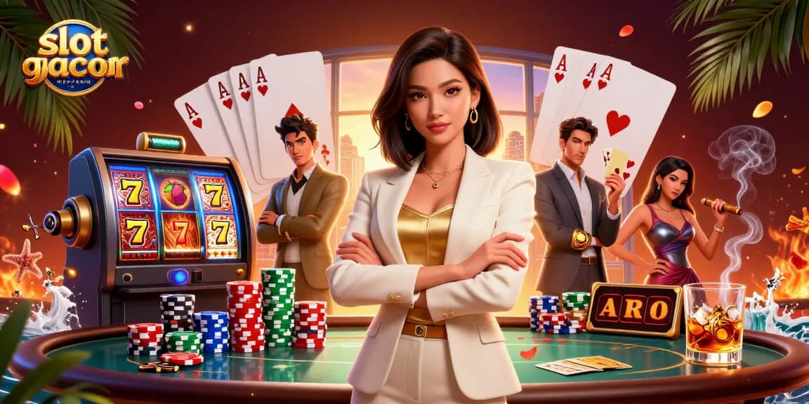 Experience thrilling gameplay with slot gacor mahjong, a vibrant 3D illustration featuring poker hands and slot reels.
