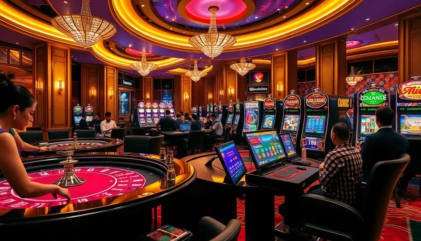 Engaging players enjoying online gaming experiences at for88.kim with vibrant slot machines and roulette excitement.