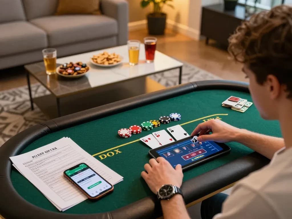 Engage with ทางเข้า m113 in an online poker game, highlighting bets and strategies in a cozy atmosphere