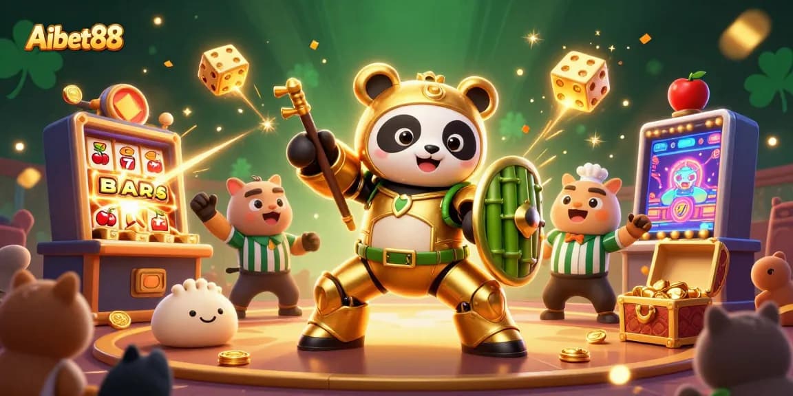 Aibet88 showcases an exciting scene of a mech-suit panda in a vibrant casino adventure filled with jackpots, slots, and cheers.