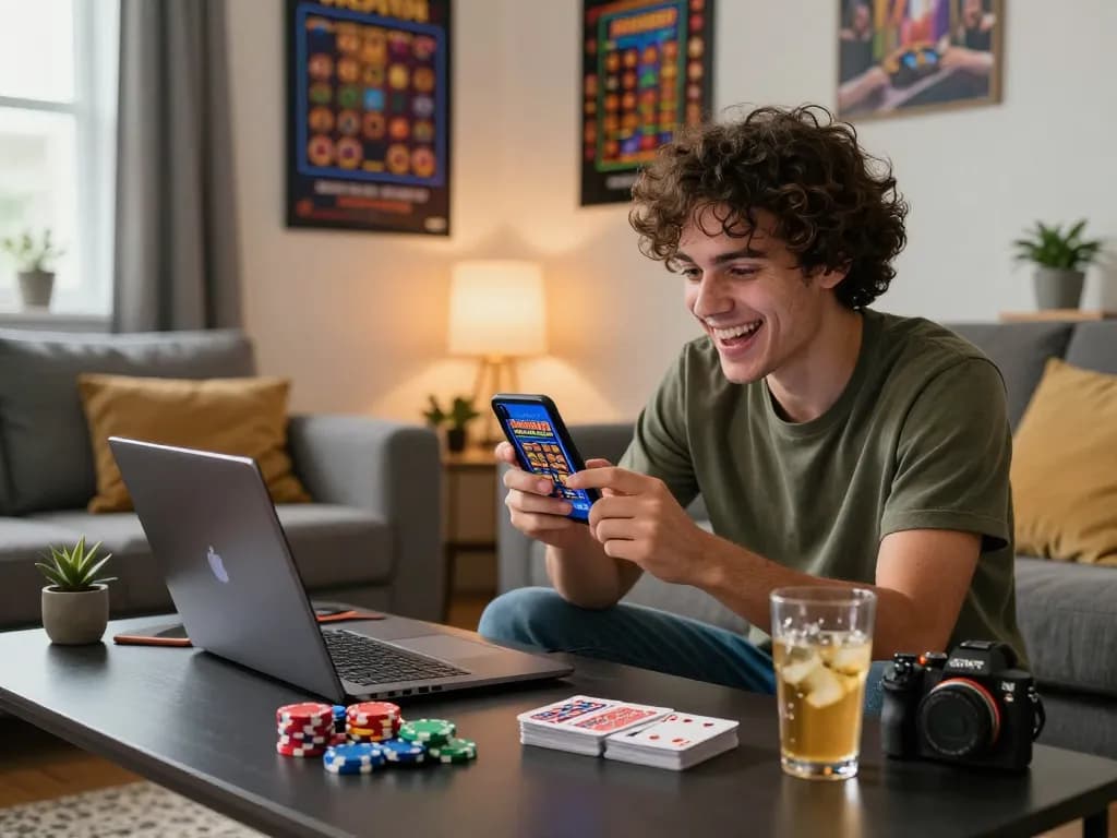 Engaging scene highlighting a player using the Mega888 app for free credit, surrounded by gaming accessories in a cozy home.