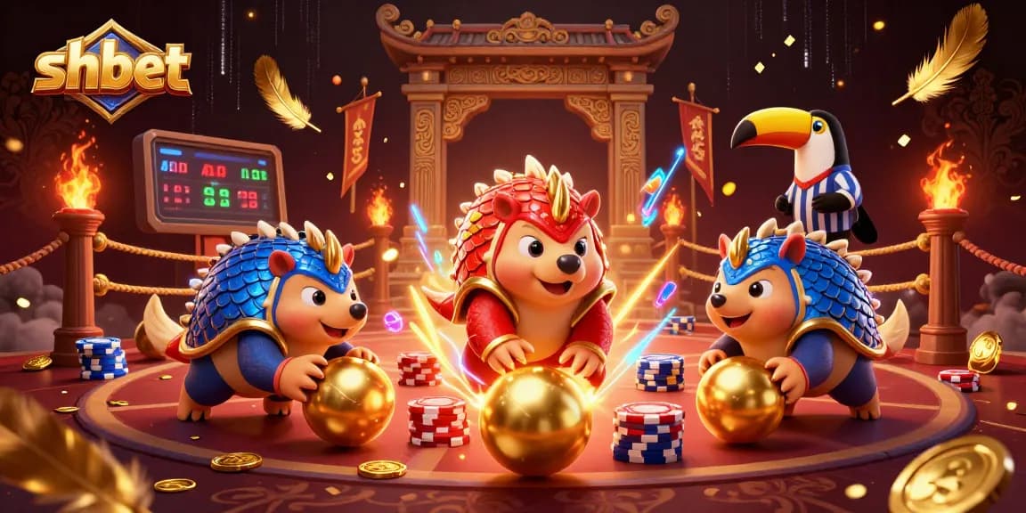 Shbet pangolins competing in a gambling-themed arena with colorful chips and golden coins.