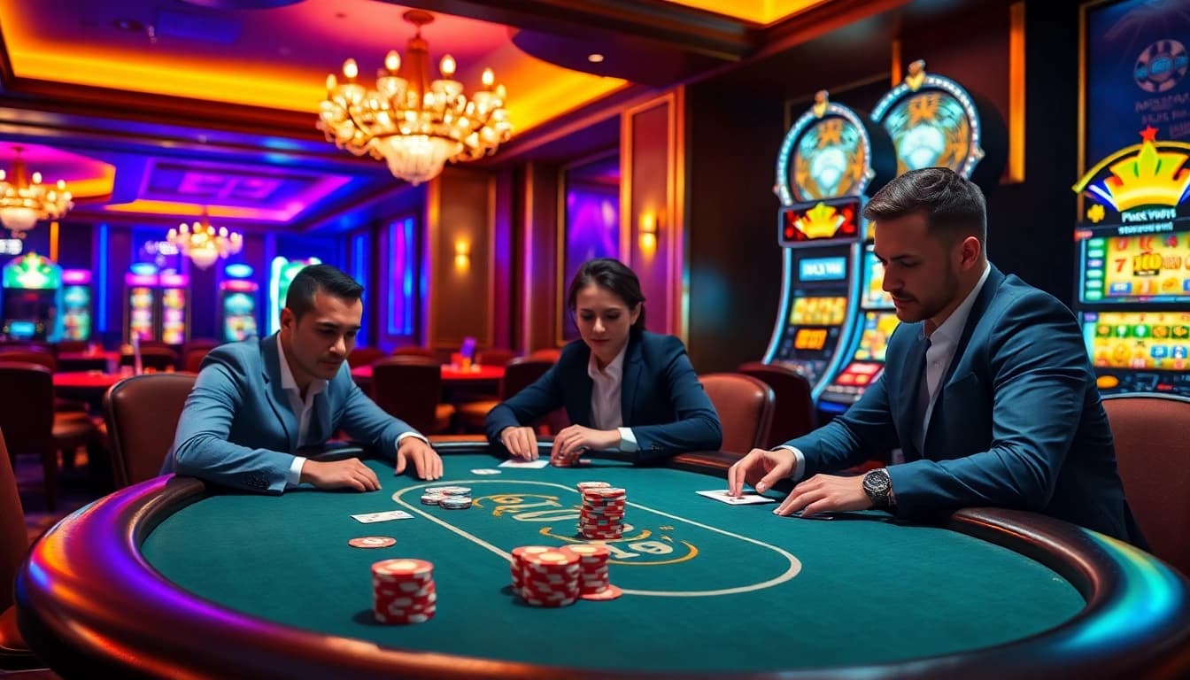 Experience the excitement of poker at Luckwin Casino with vibrant gameplay and luxury decor.