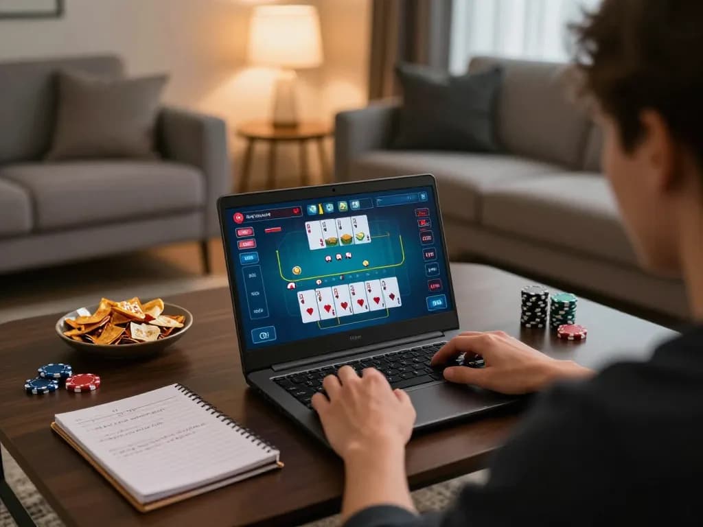 Engaging online gaming scene depicting poker gameplay on a laptop, capturing the essence of digitalgamesprices in a cozy living environment.