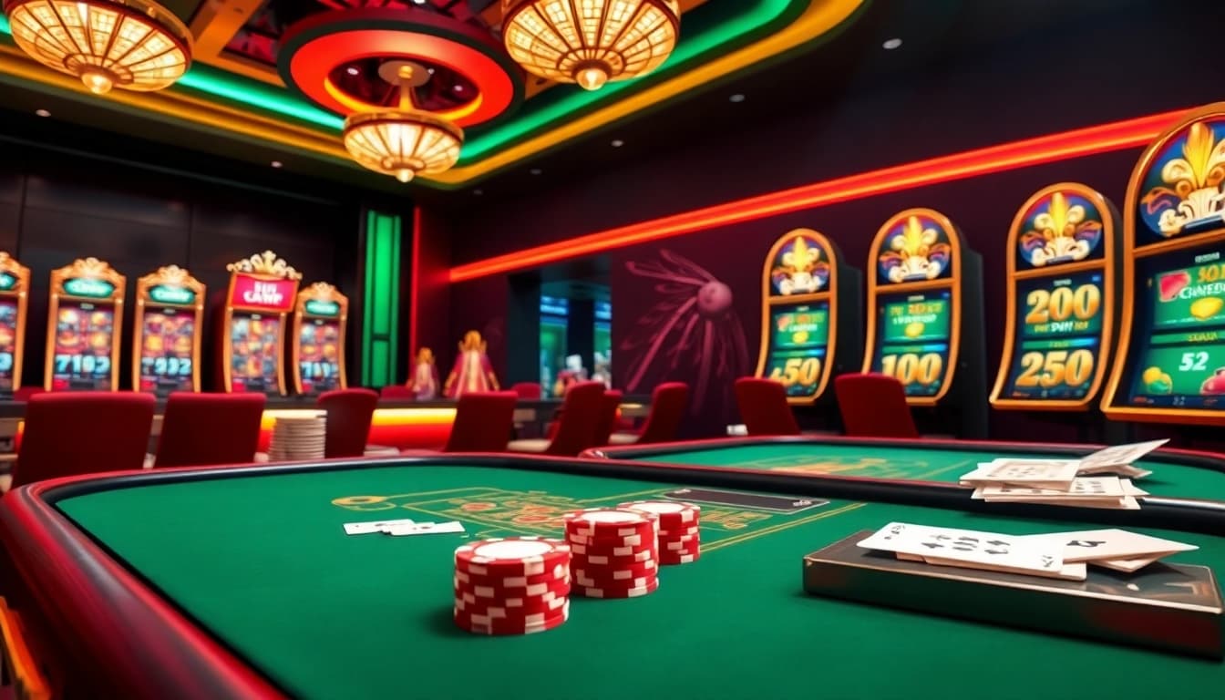 A dynamic scene showcasing players engaged at nhà cái nohu90 online casino with vibrant casino tables and slot machines.