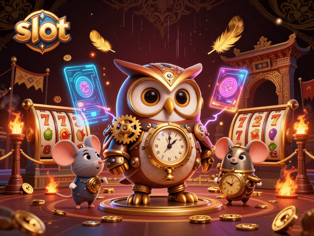 A captivating slot scene with a time-traveling owl and mouse amidst rich casino elements.