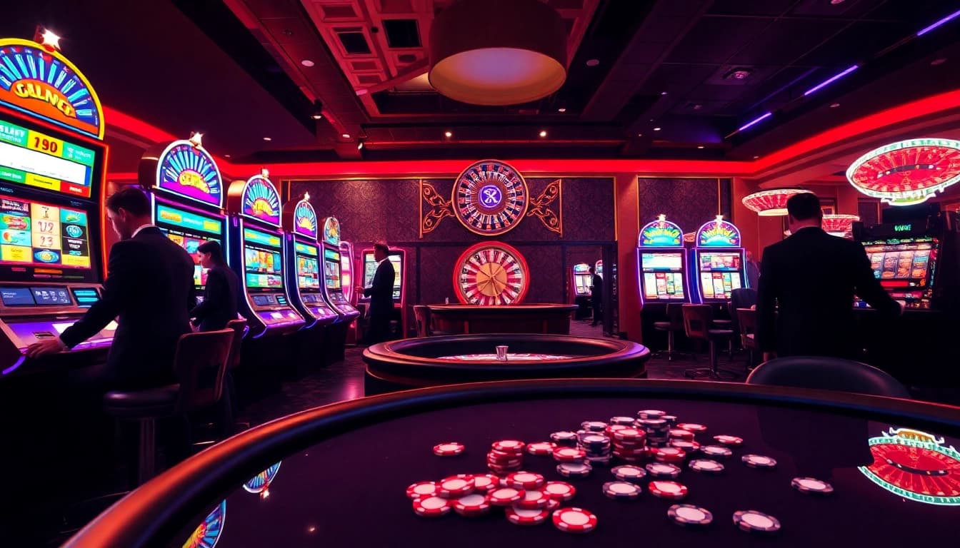 Situs slot online players experience excitement at luxurious slot machines and tables in a vibrant casino.
