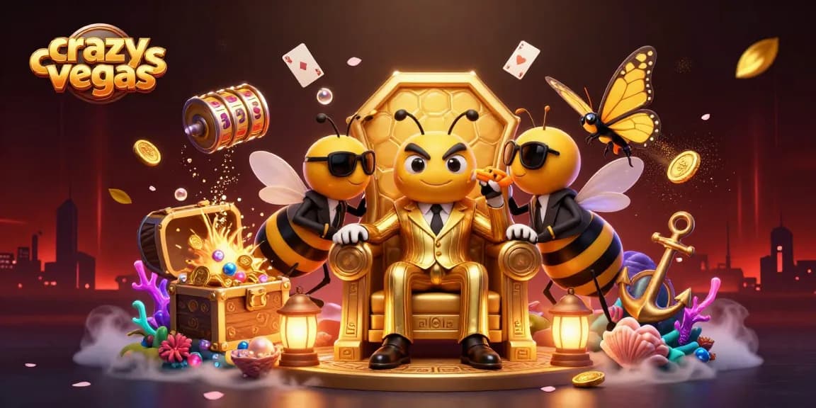 Win big at crazyvegas with a vibrant casino scene featuring a bumblebee mob boss and treasure.