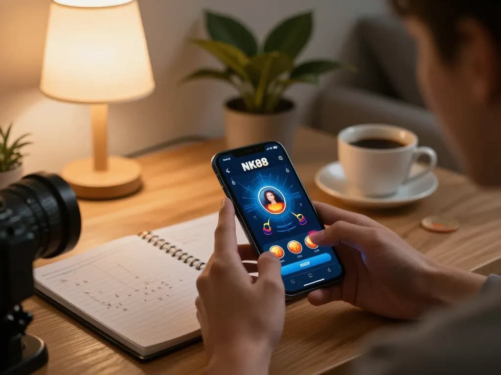Navigating the NK88 app for strategic mobile gaming in a cozy setup.