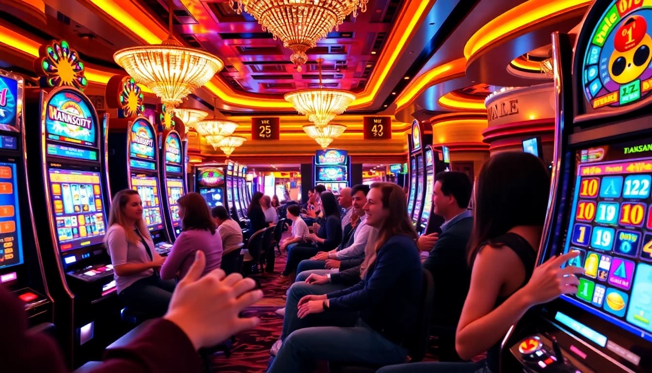 Players enjoying the excitement of slot online games in a vibrant casino environment.