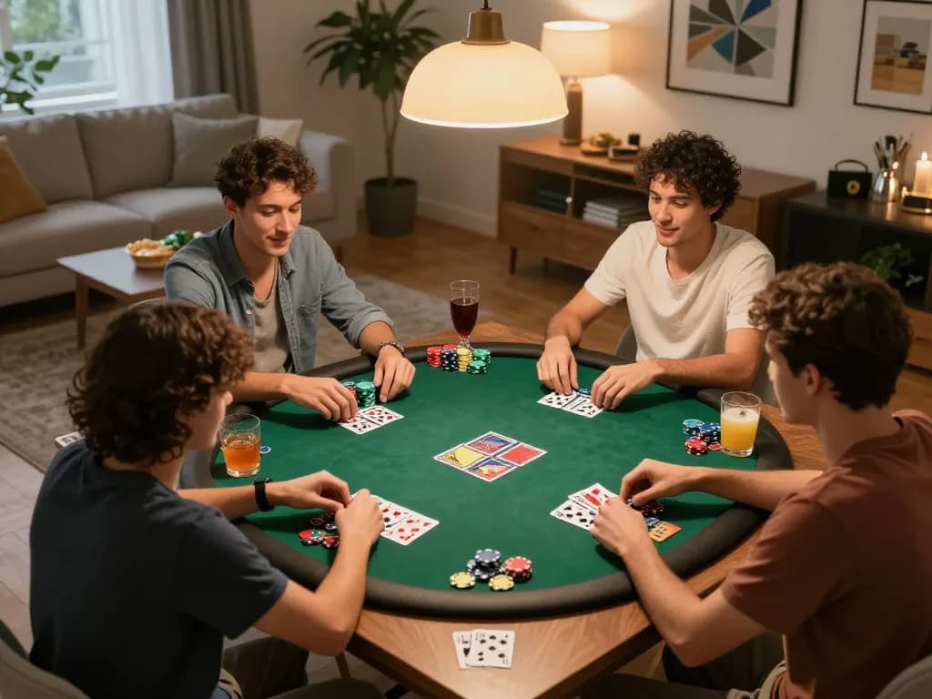 Friends enjoying a poker night, showcasing situs slot gameplay with colorful chips and cards in a cozy setting.