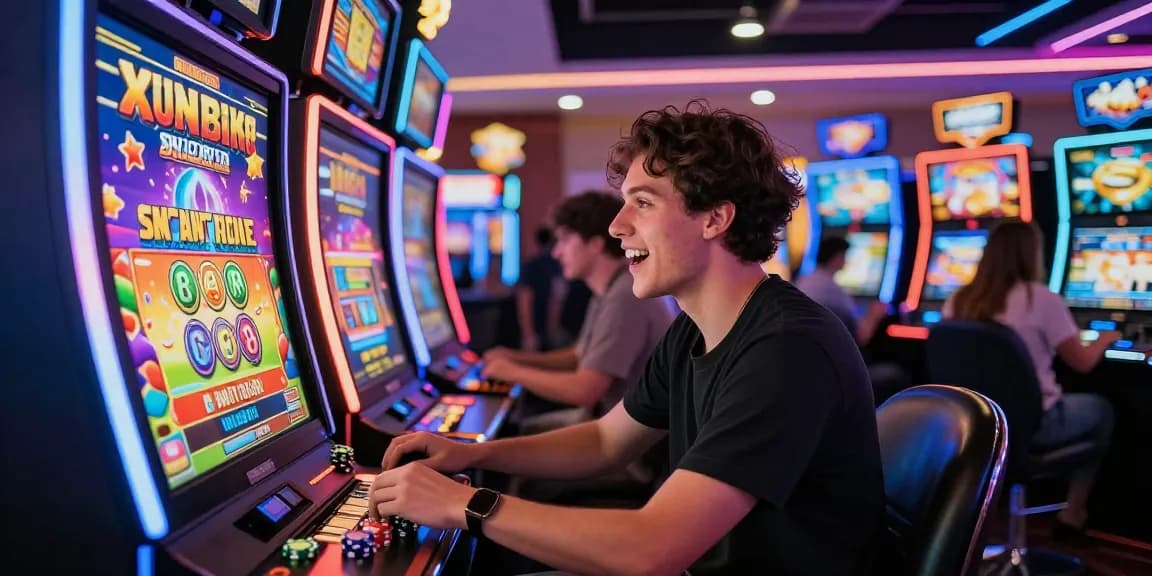 Excited player engaging with bonus buy slots in a vibrant casino setting with colorful graphics.