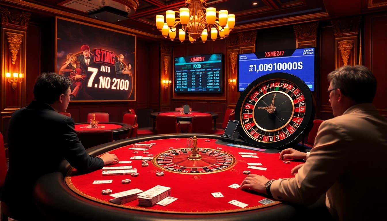 XSMB247 betting slip and poker chips on a luxurious casino table