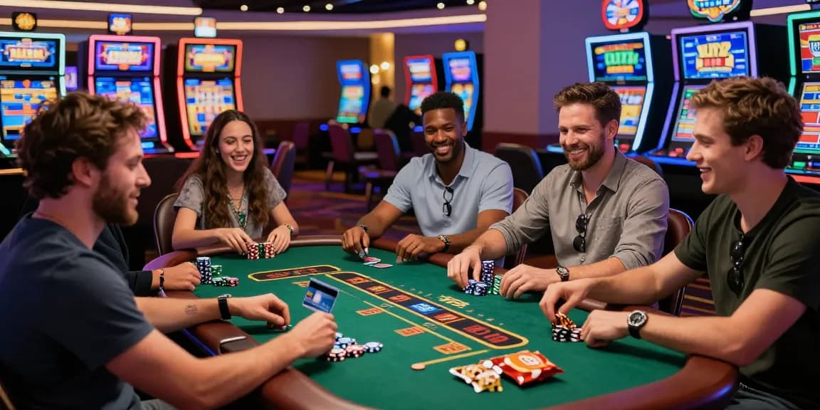 Players enjoying a vibrant casino atmosphere using visa casinos for their payments, engaging with various games and celebrating wins.