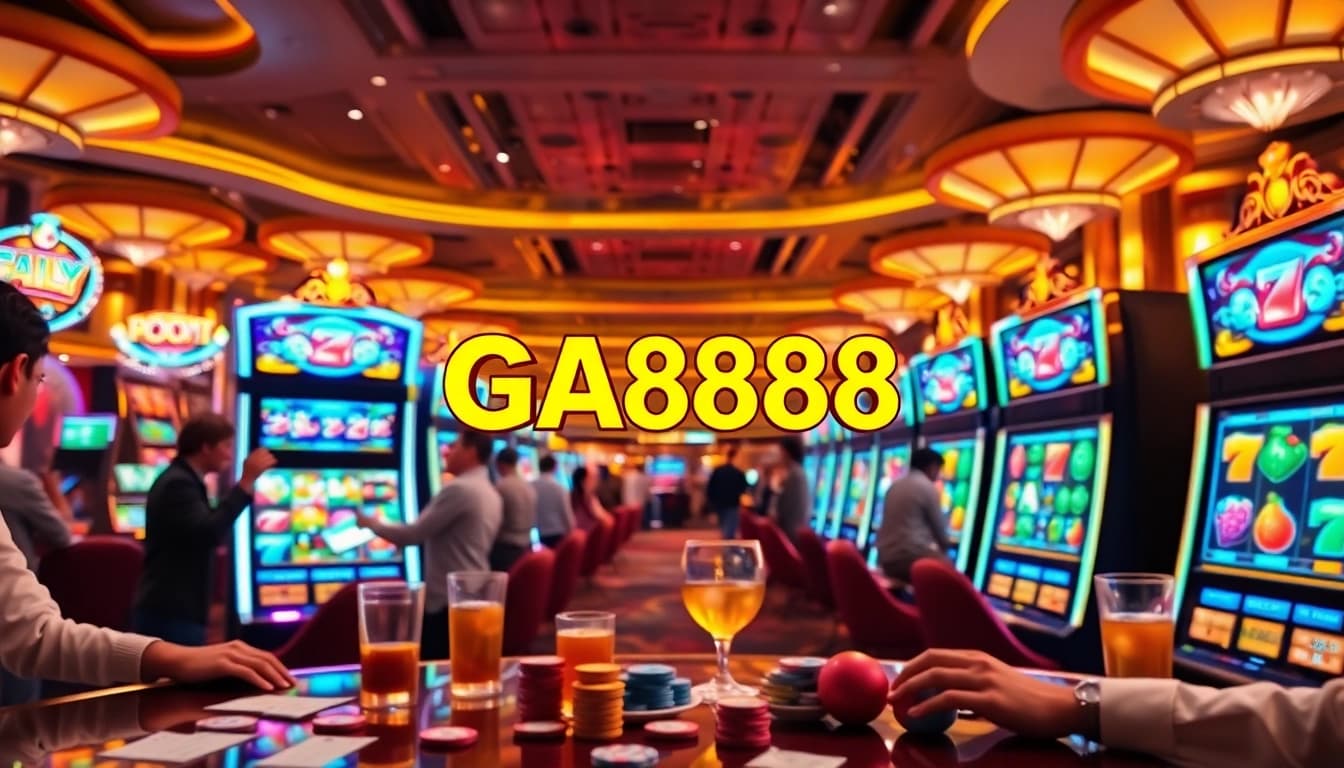 Excited players enjoying the Slot game GA888 with vibrant symbols and immersive gaming experience.