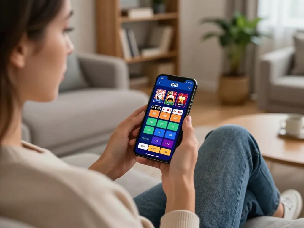 Engaging with nhà cái gi8 mobile app on smartphone at cozy home, showcasing online gambling