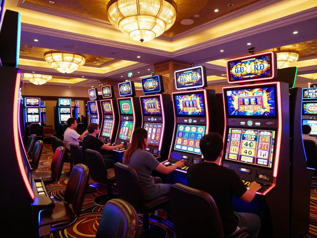 Players enjoy the thrill of slot depo 5k with vibrant machines, waiting for big wins.