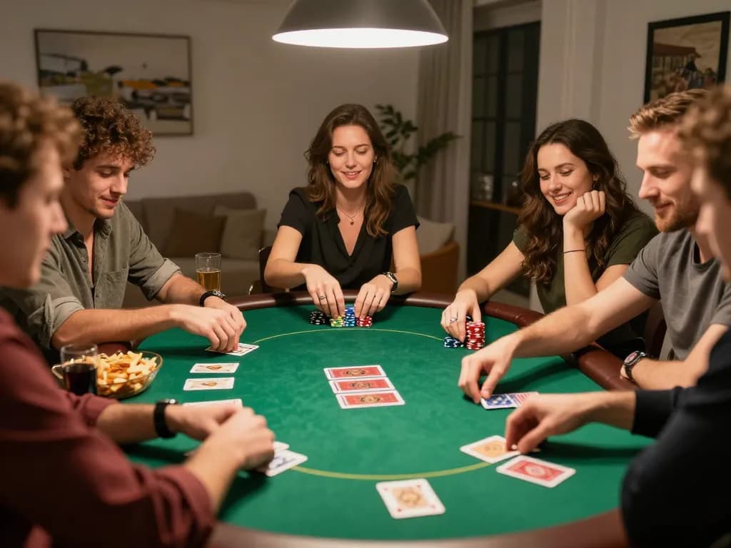 Friends enjoying a lively poker game at home with 388bet experience, warm atmosphere, and engaging gameplay.
