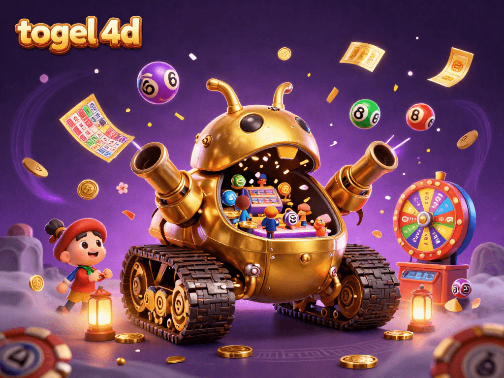 Experience thrilling togel 4d gameplay with a dynamic scene of a golden beetle casino tank and vibrant lottery elements.