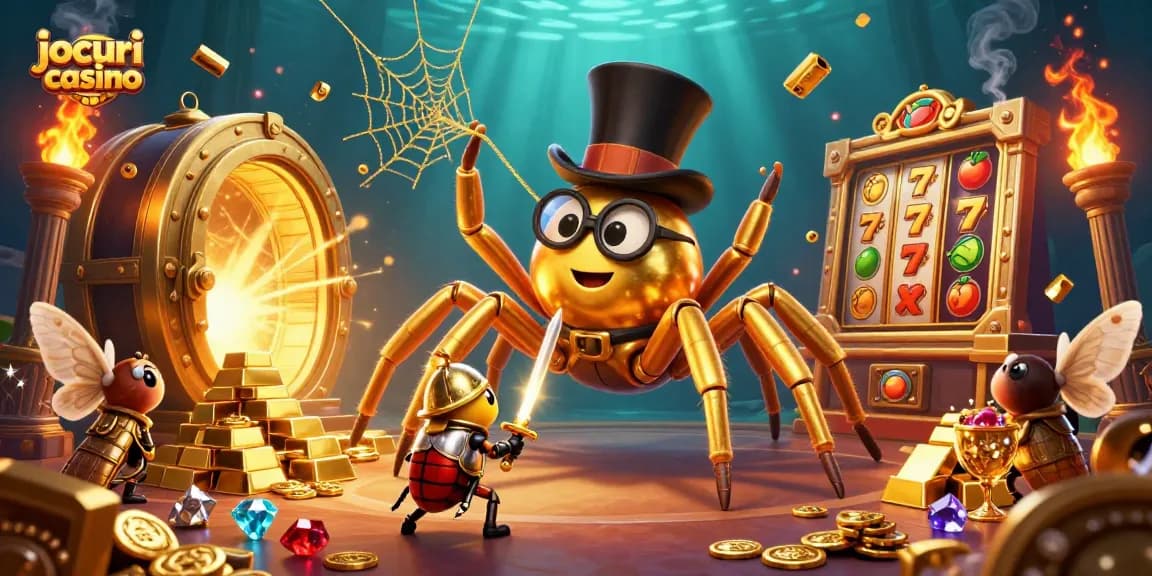 Învârte roțile și câștigă cu jocuri casino captivante și aurii, într-o atmosferă vibrantă.