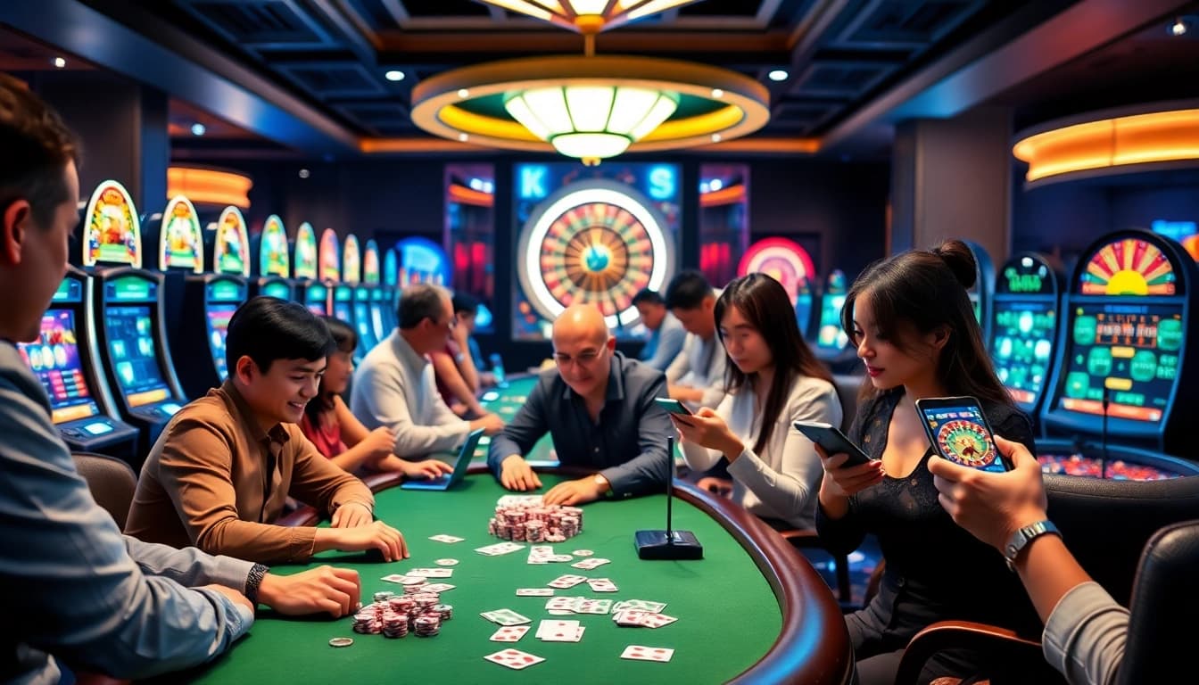 The excitement of online gambling on https://789winss.net with players at a casino table, vibrant chips, and slot machines.
