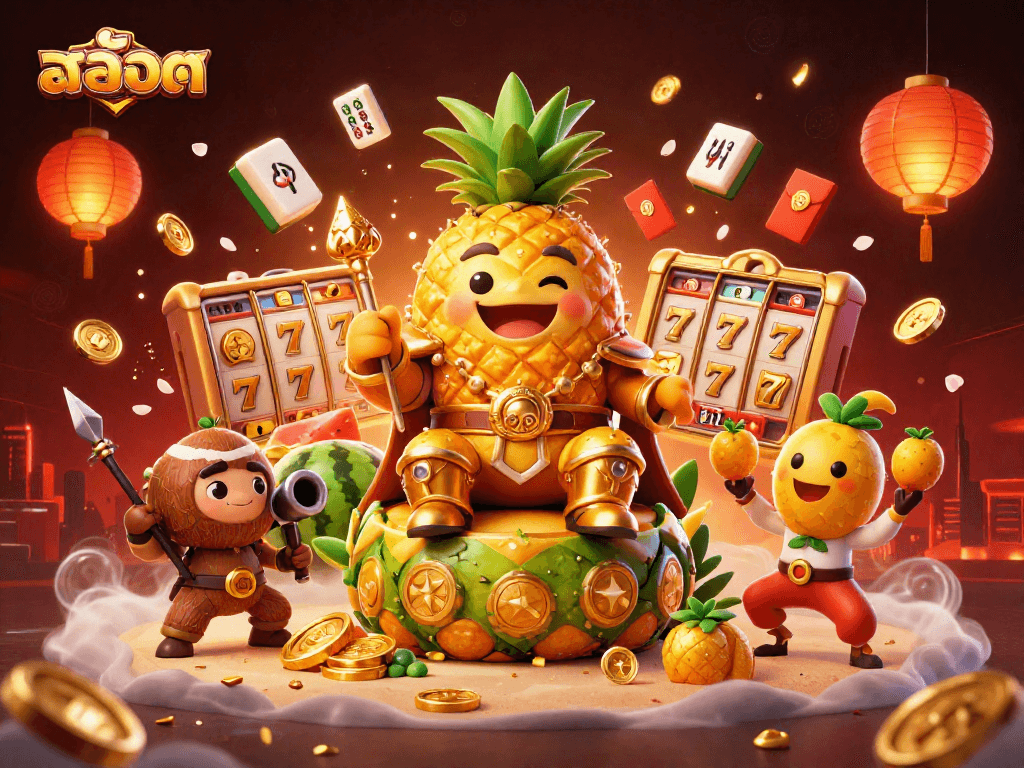 Engage with สล็อต as the golden pineapple king and friends celebrate wins in a vibrant casino scene