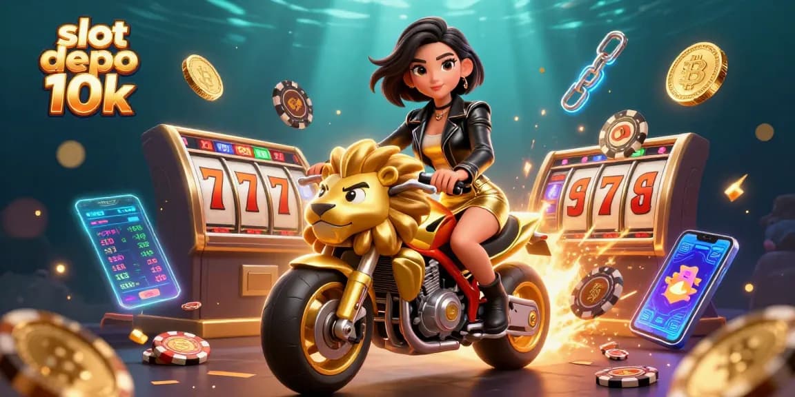 Experience thrilling wins with slot depo 10k in this vibrant 3D casino scene featuring jackpots and crypto elements.