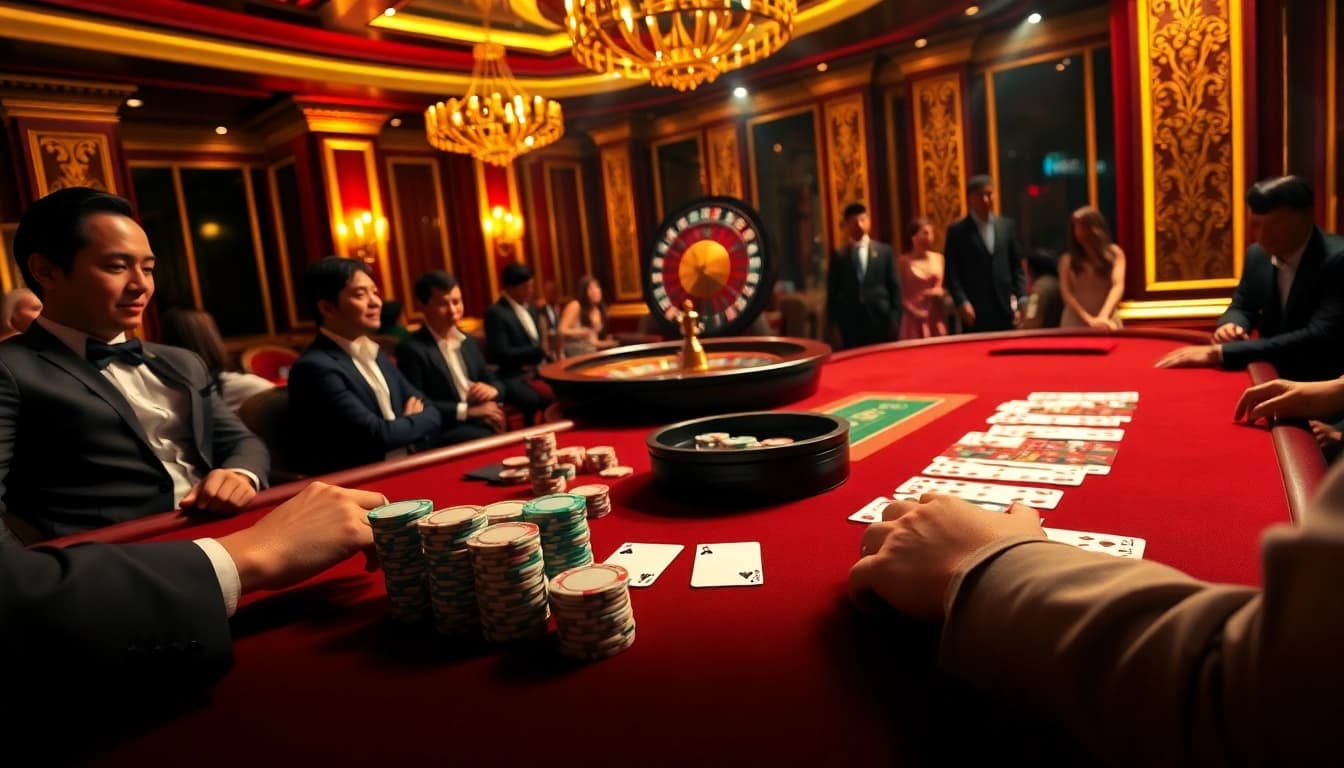 Players enjoying a high-stakes poker game at 8kbet casino, showcasing excitement and luxury.