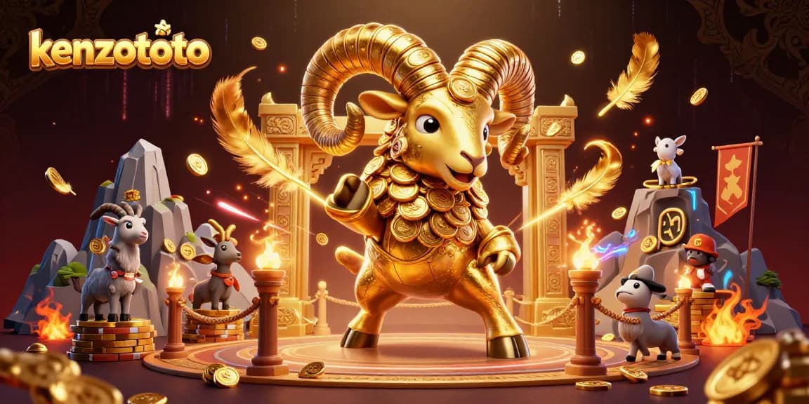 Kenzototo's dynamic gambling scene showcases a golden ram charging towards a prize, highlighting the excitement of Macau's 4D lottery.