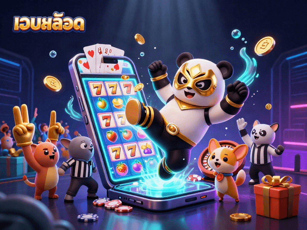 Engaging illustration of เว็บสล็อต with a flying panda wrestler and game elements for a dynamic casino experience.