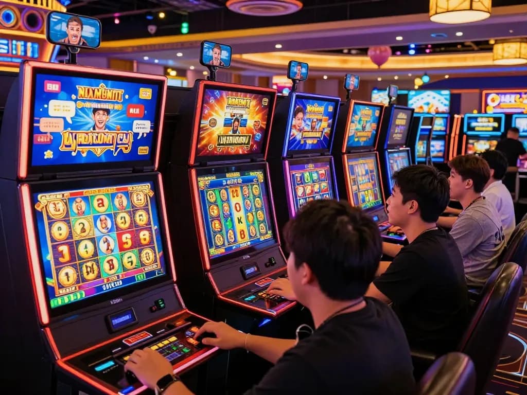 Suasana mendebarkan para pemain berinteraksi dengan mesin slot online di lingkungan kasino virtual yang cerah, menampilkan interaksi komunitas dalam permainan slot online.