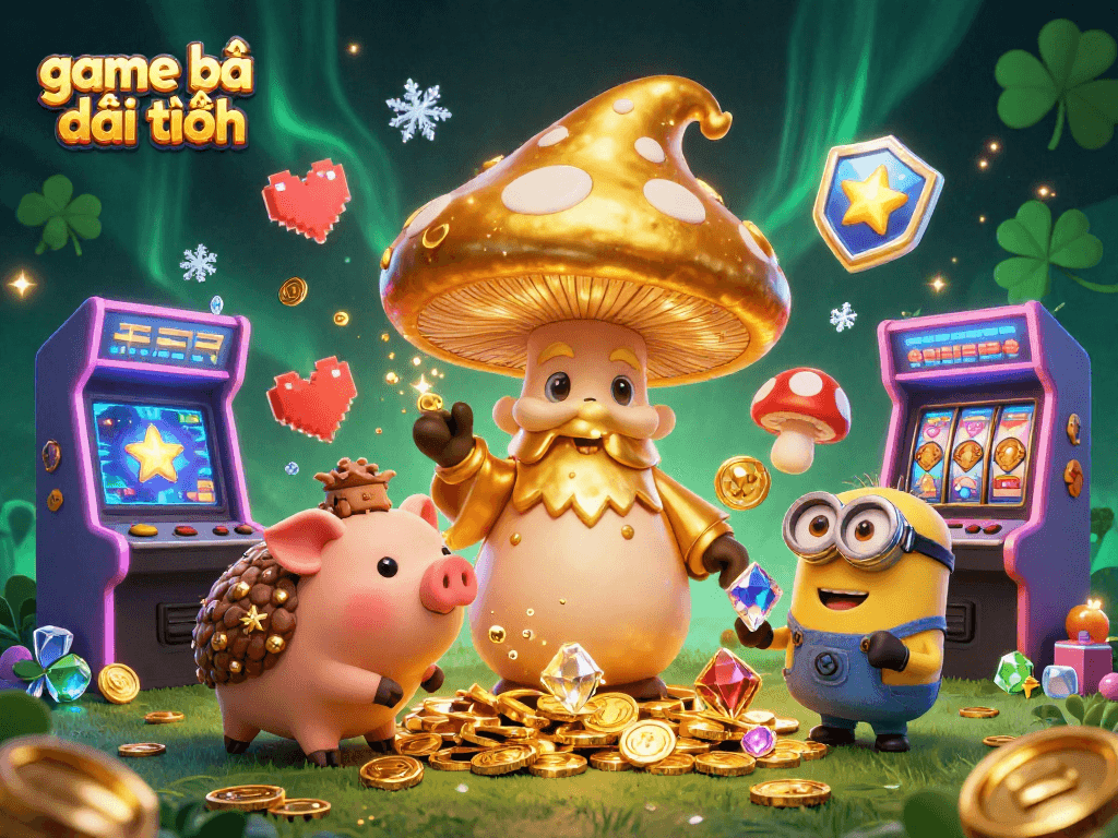 Engage in game bài đổi thưởng with our enchanting golden mushroom wizard and slot elements.