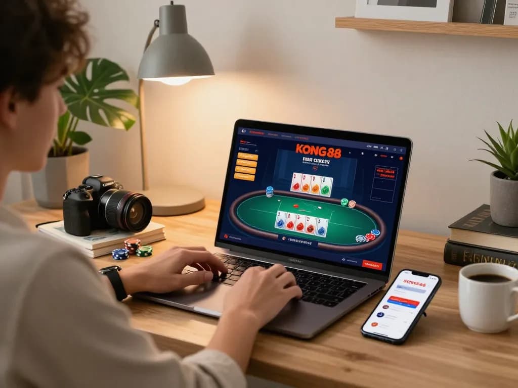KONG88 poker gameplay on laptop with vibrant virtual cards and chips, showcasing strategic online gaming.