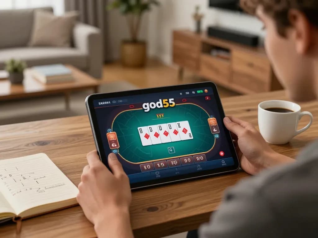 Playing poker on god55 casino tablet with warm home lighting in a cozy setting