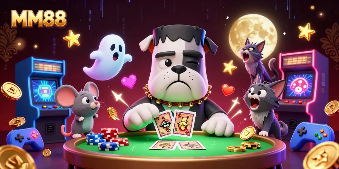 MM88 features a vintage casino scene with a Frankenstein bulldog dealer, enhancing the gaming experience.