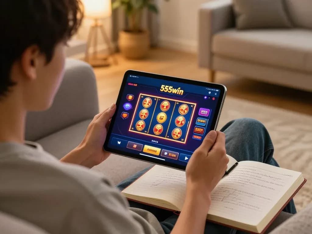 Engaging session using the app 555win for online casino gaming in a cozy home environment.