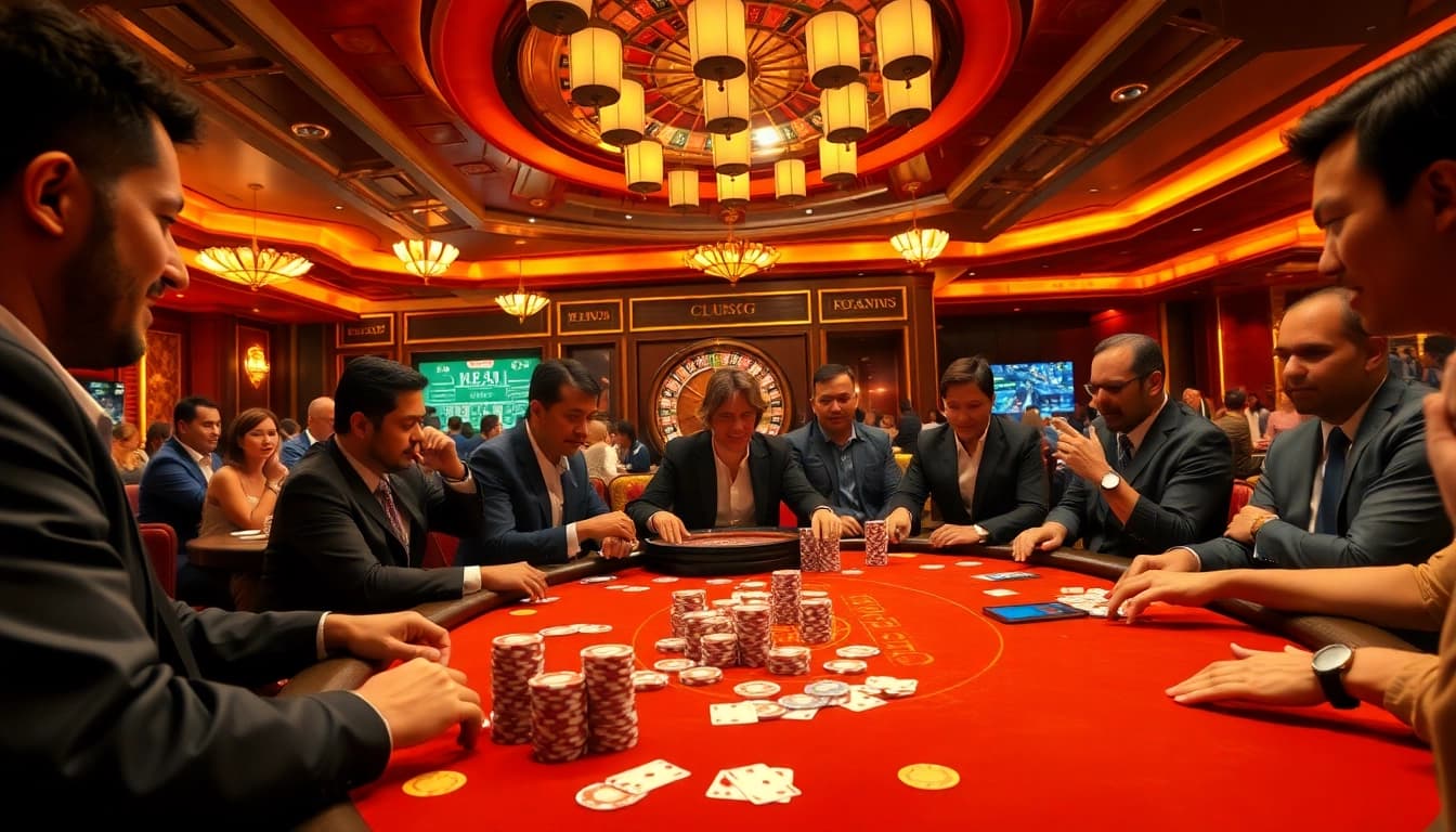Playing intense poker at a glamorous casino table with ClubGG real money options.