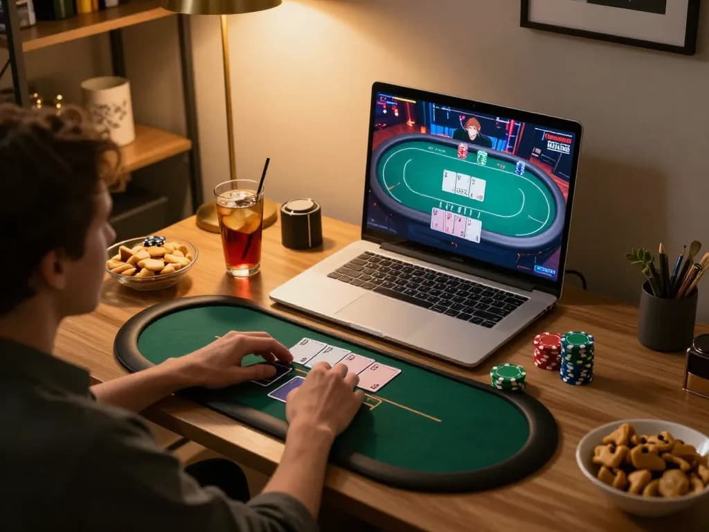 Engaging online poker game at home with 11win setup, player interacting with laptop and virtual table.