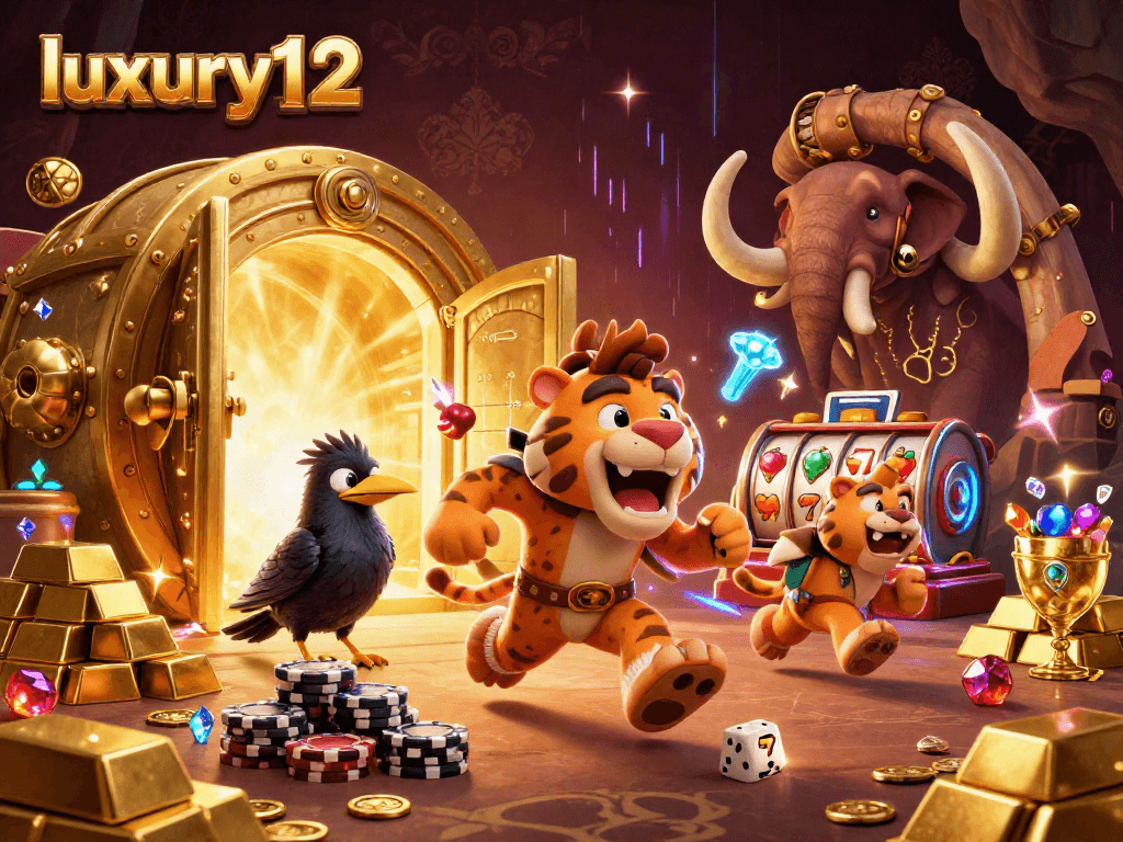 Visualisasi luxury12 dengan karakter kasino prasejarah dan elemen slot yang menggiurkan.
