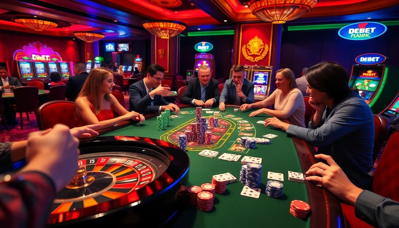 Experience the thrill of betting at https://debet.hot/ with vibrant poker games and colorful casino elements.
